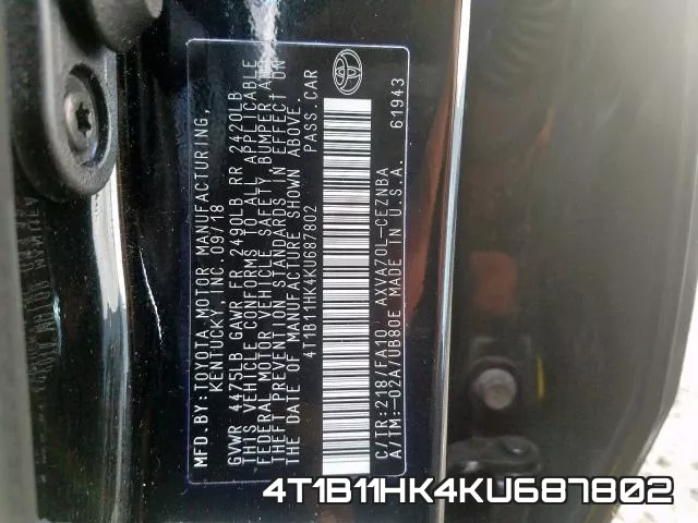 4T1B11HK4KU687802 фото 2