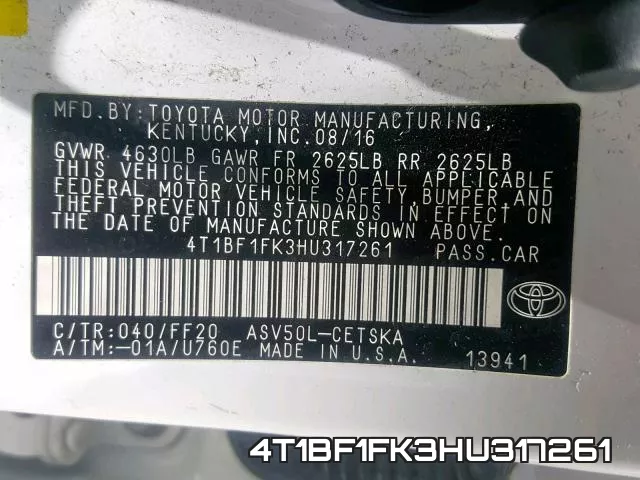 4T1BF1FK3HU317261 фото 2