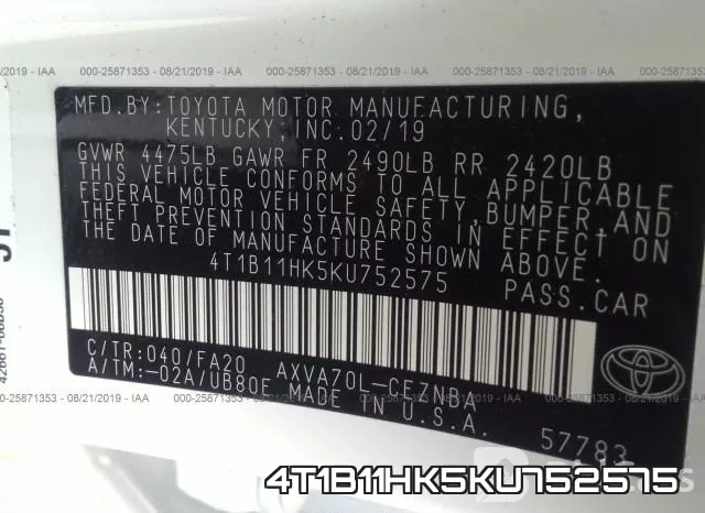 4T1B11HK5KU752575 фото 10