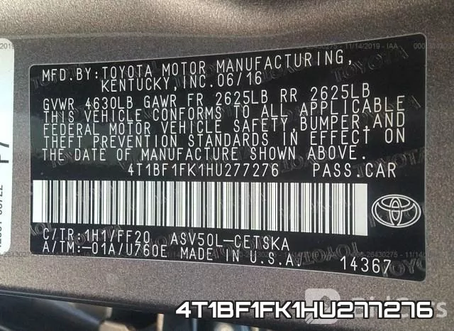 4T1BF1FK1HU277276 фото 10