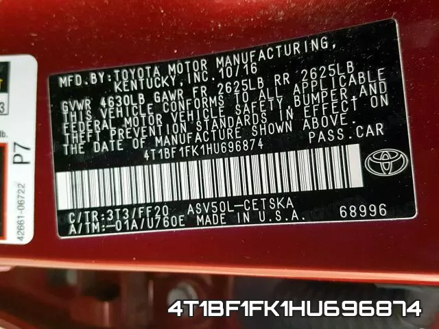 4T1BF1FK1HU696874 фото 2