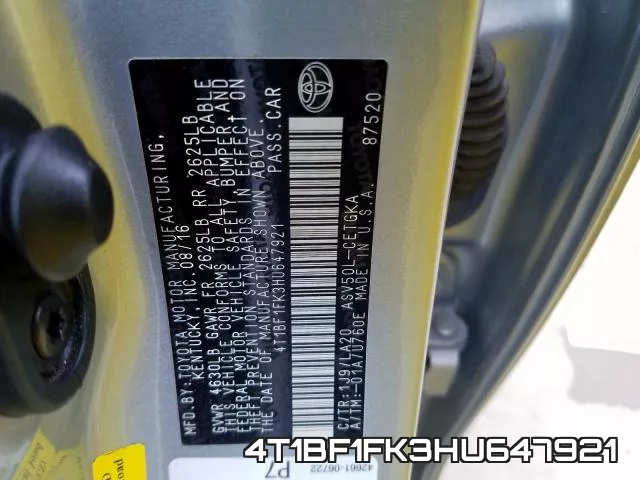 4T1BF1FK3HU647921 фото 2