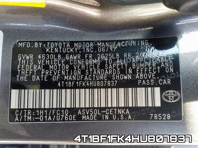 4T1BF1FK4HU807837 фото 2