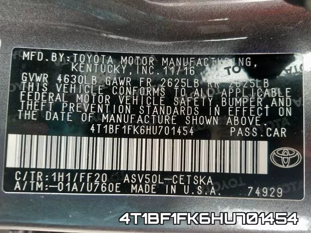 4T1BF1FK6HU701454 фото 2
