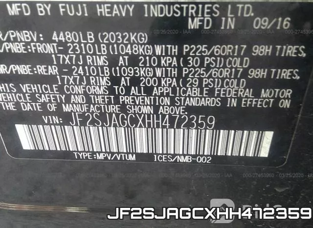 JF2SJAGCXHH472359 фото 10