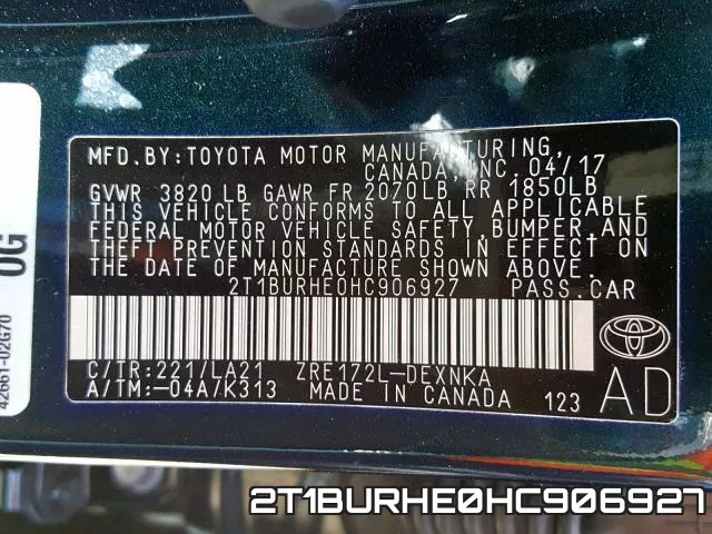 2T1BURHE0HC906927 фото 2