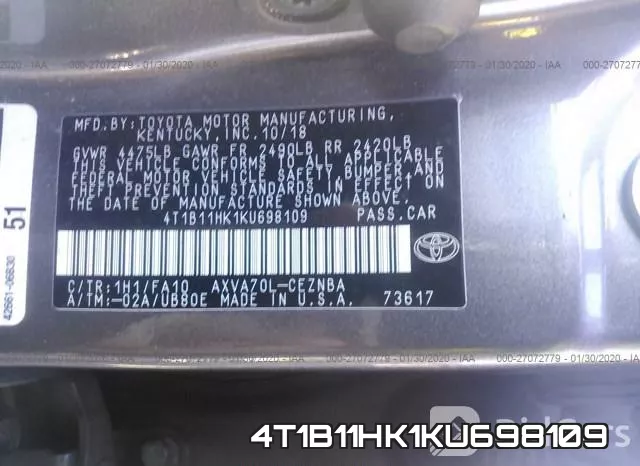 4T1B11HK1KU698109 фото 10