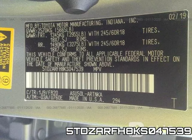 5TDZARFH8KS047539 фото 10