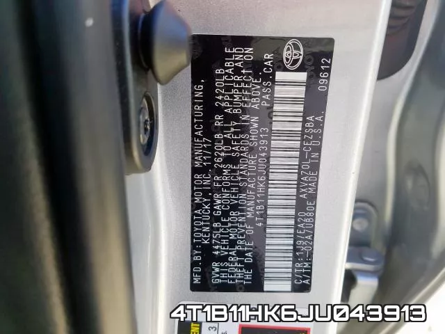 4T1B11HK6JU043913 фото 2