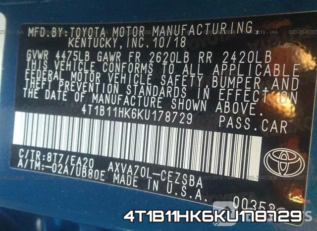 4T1B11HK6KU178729 фото 10