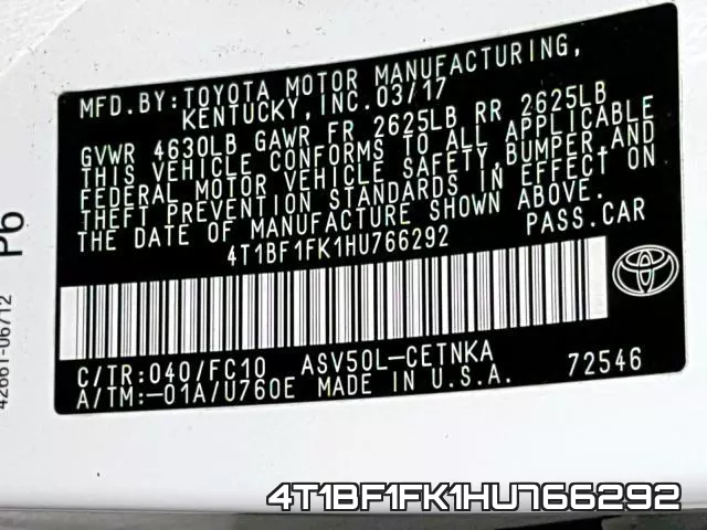4T1BF1FK1HU766292 фото 2