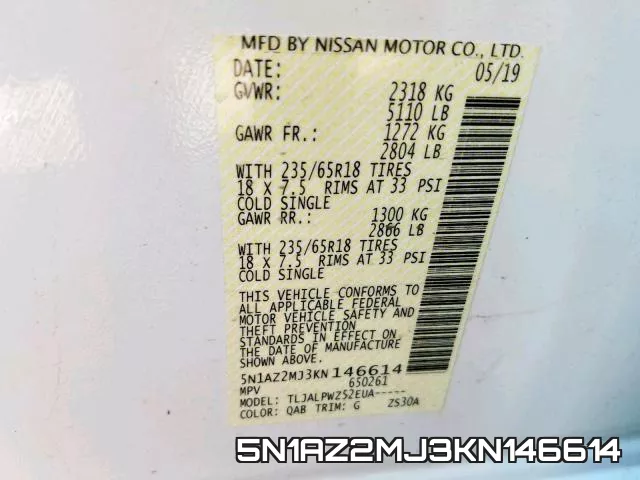 5N1AZ2MJ3KN146614 фото 2