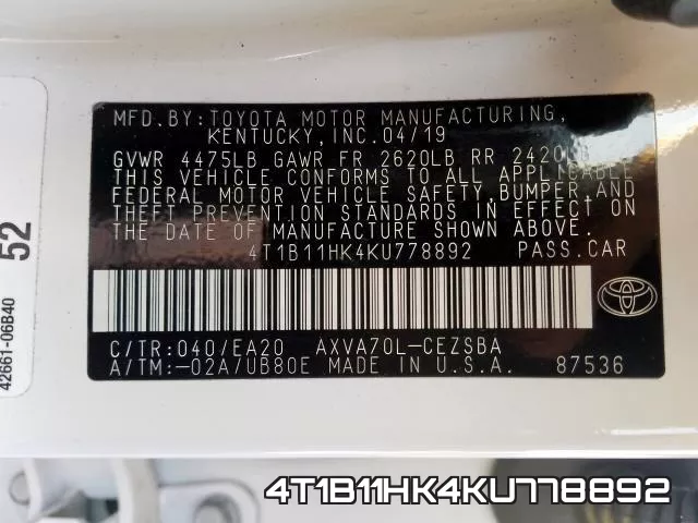 4T1B11HK4KU778892 фото 2