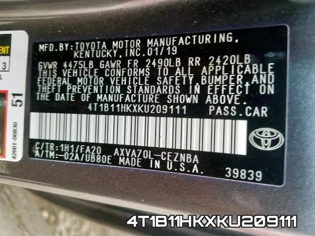 4T1B11HKXKU209111 фото 2