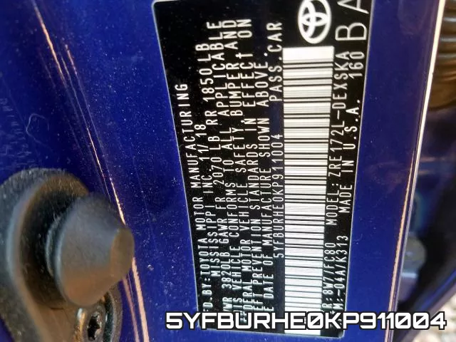 5YFBURHE0KP911004 фото 2