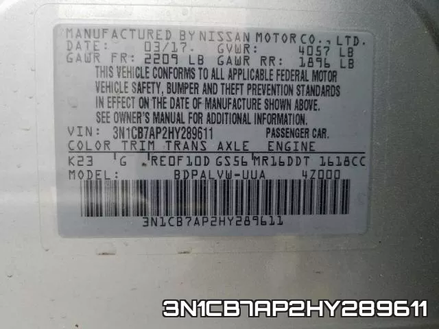 3N1CB7AP2HY289611 фото 2