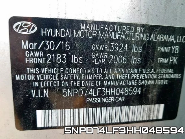 5NPD74LF3HH048594 фото 2