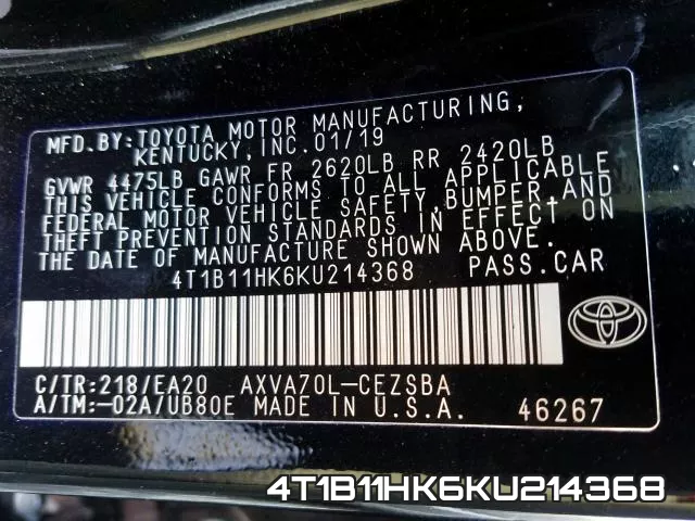 4T1B11HK6KU214368 фото 2
