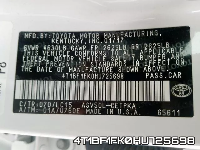 4T1BF1FK0HU725698 фото 2