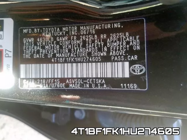 4T1BF1FK1HU274605 фото 2