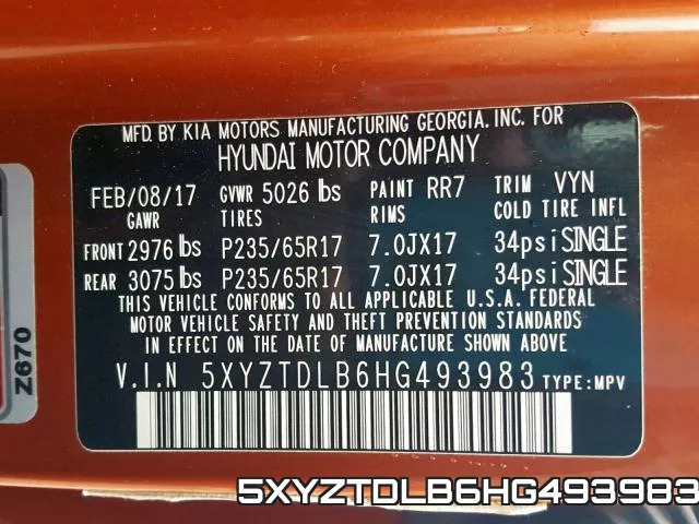 5XYZTDLB6HG493983 фото 2