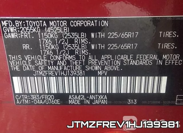 JTMZFREV1HJ139381 фото 10