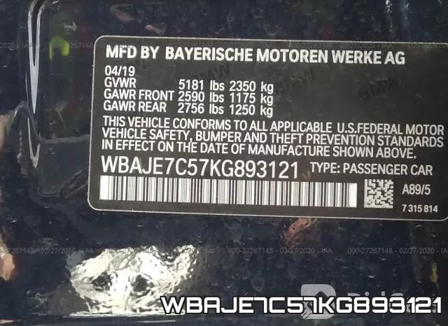 WBAJE7C57KG893121 фото 10