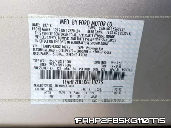 1FAHP2F85KG110775 фото 2