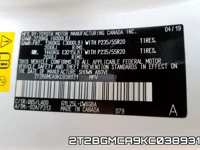 2T2BGMCA9KC038931 фото 2