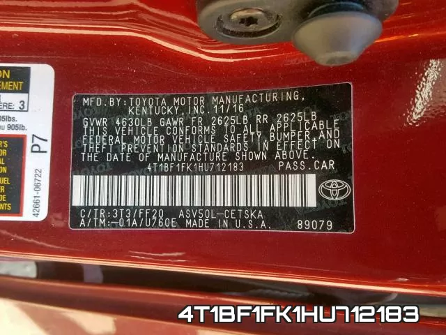4T1BF1FK1HU712183 фото 2