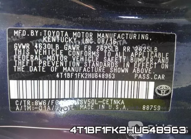 4T1BF1FK2HU648963 фото 10