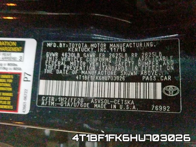 4T1BF1FK6HU703026 фото 2