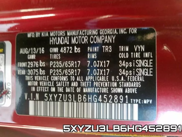 5XYZU3LB6HG452891 фото 2
