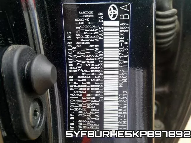 5YFBURHE5KP897892 фото 2