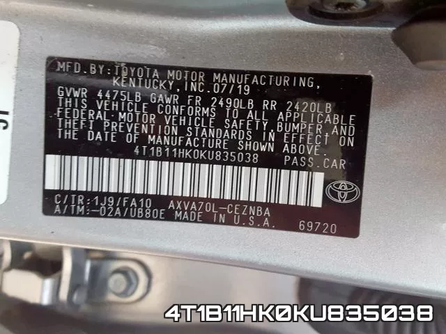 4T1B11HK0KU835038 фото 2