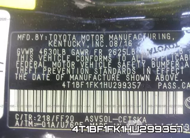 4T1BF1FK1HU299357 фото 10