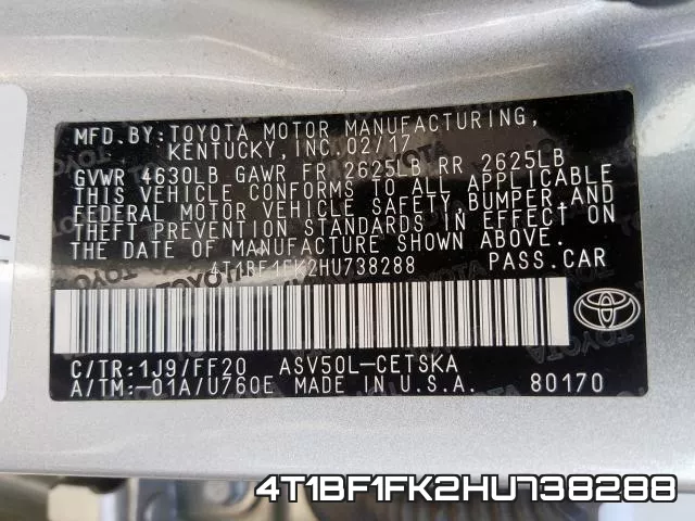 4T1BF1FK2HU738288 фото 2