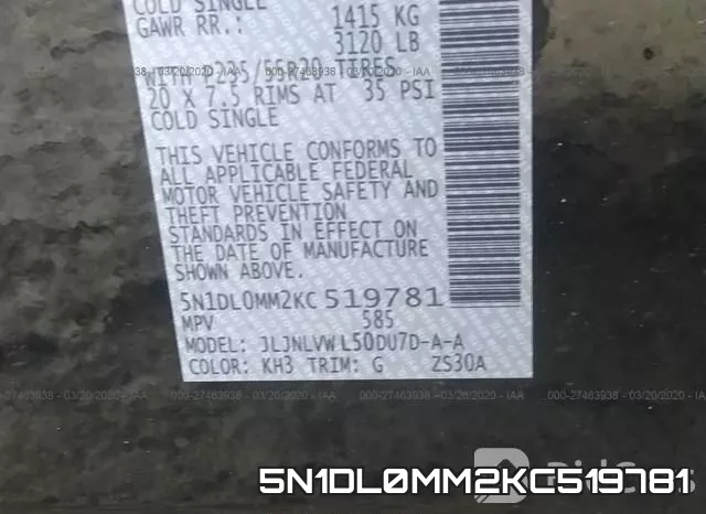 5N1DL0MM2KC519781 фото 10