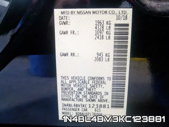 1N4BL4BV3KC123881 фото 2