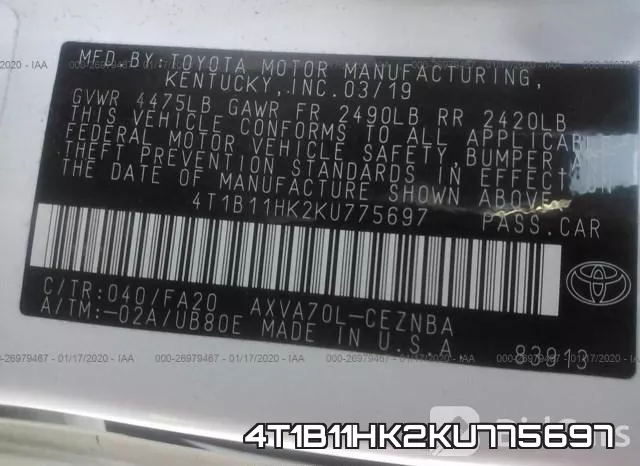 4T1B11HK2KU775697 фото 10