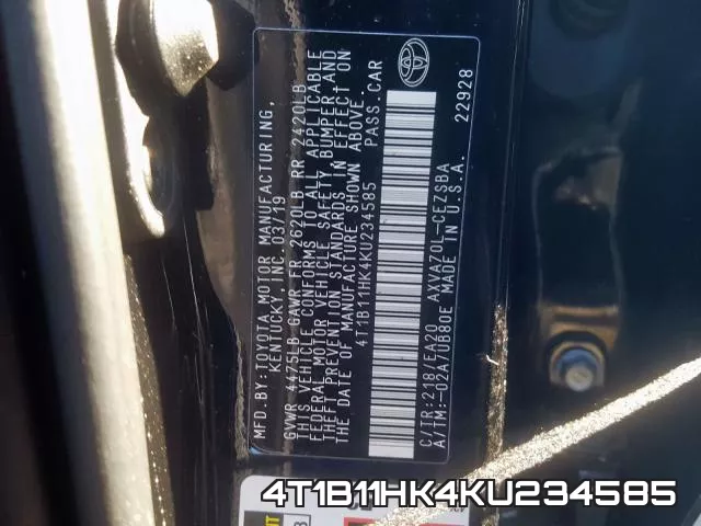 4T1B11HK4KU234585 фото 2