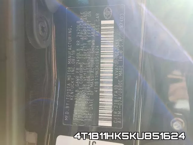 4T1B11HK5KU851624 фото 2