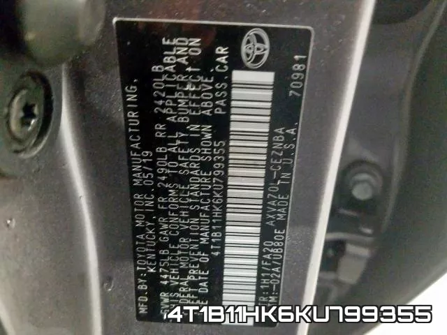 4T1B11HK6KU799355 фото 2