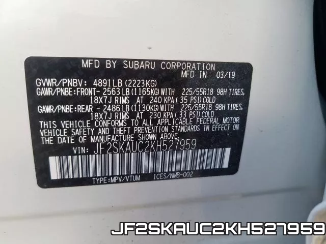 JF2SKAUC2KH527959 фото 2