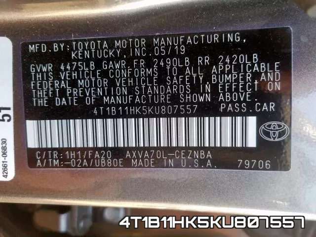 4T1B11HK5KU807557 фото 2