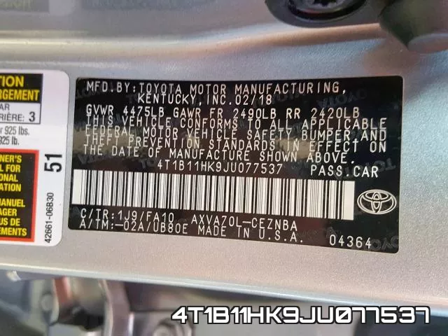 4T1B11HK9JU077537 фото 2