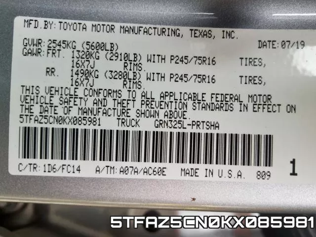 5TFAZ5CN0KX085981 фото 2