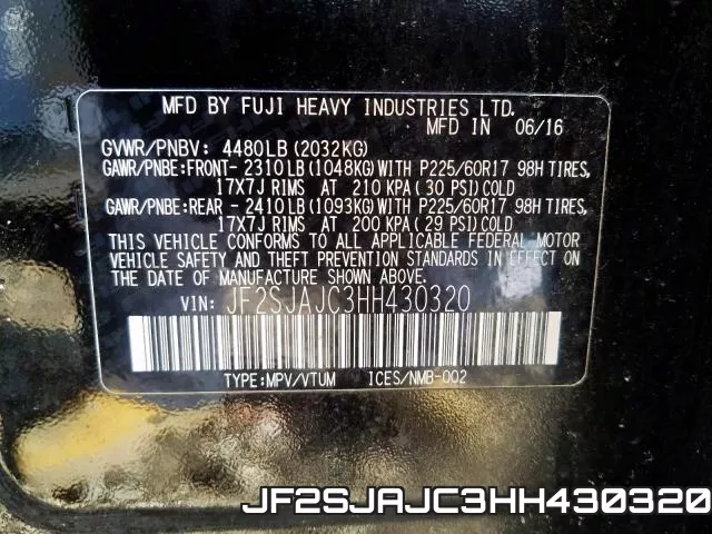 JF2SJAJC3HH430320 фото 2