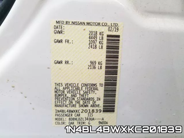 1N4BL4BWXKC201839 фото 2