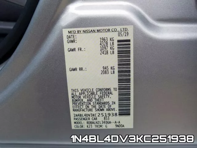 1N4BL4DV3KC251938 фото 2